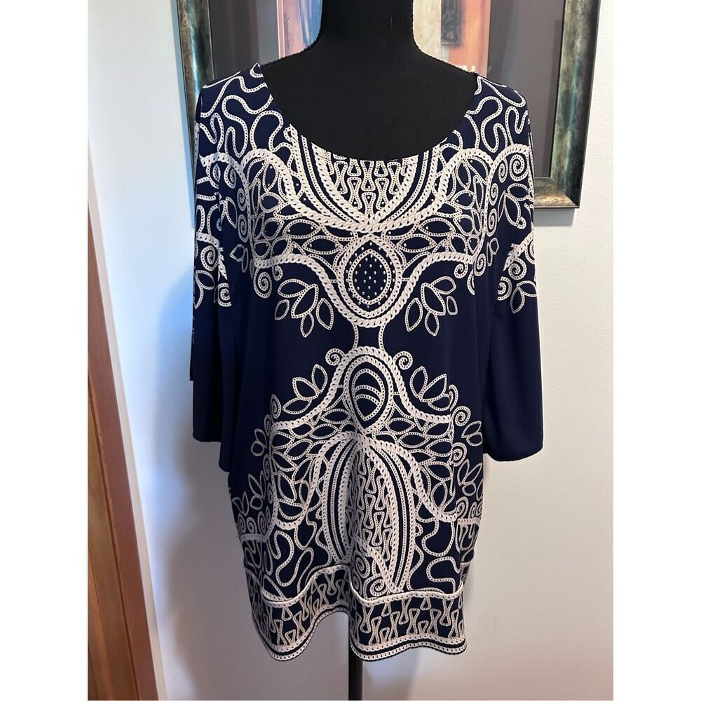 JM Collection Women’s Size XL Navy Blue Printed Design Round Neck Short Sleeve B